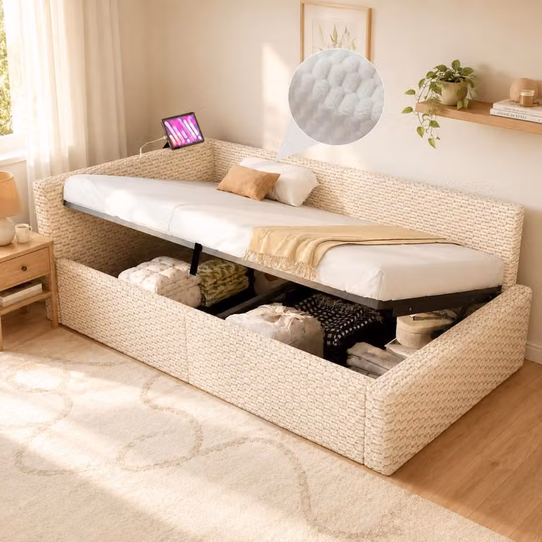 Divano letto Flieks 90x200 cm con LED e prese di ricarica, letto imbottito idraulico con vano contenitore, divano letto singolo con schienale, velluto, beige
