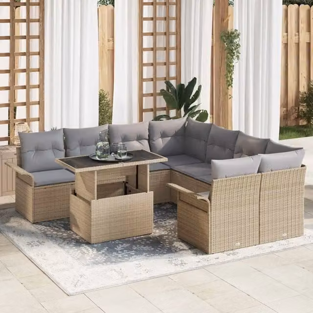 Set Divano da Giardino vidaXL 9 pz a Forma a L con Tavolino in Vetro e Cuscini Beige e Grigio