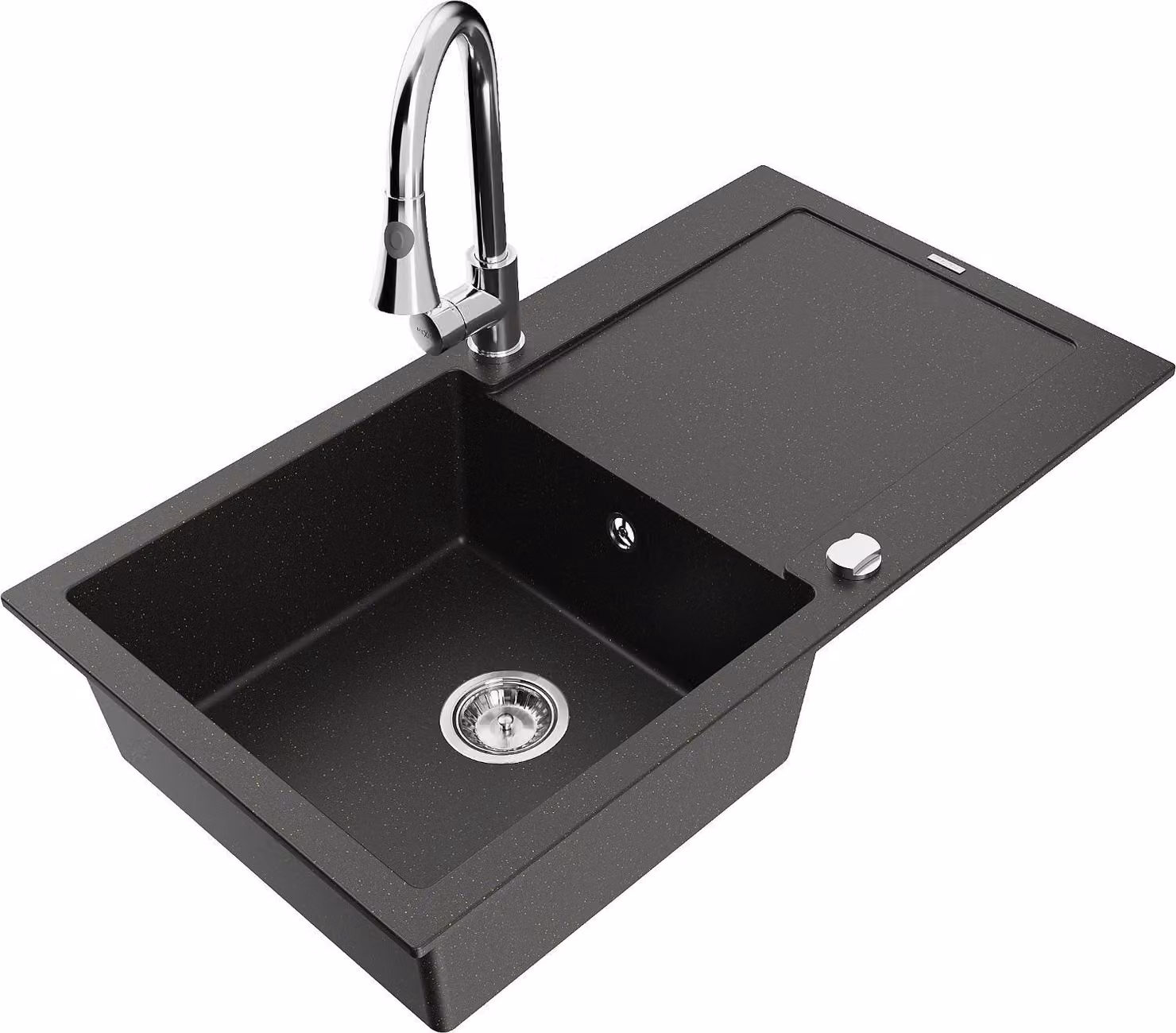 Mexen Leo lavello in granito 1 vasca con scolapiatti e rubinetto da cucina Elia, nero/oro metallizzato - 6501-75-670101-00