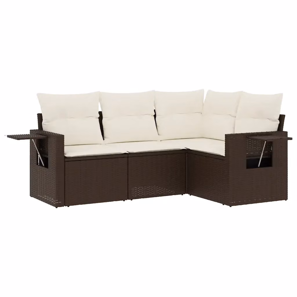 vidaXL Set Divano da Giardino 4 pz a Forma di L in Polyrattan Marrone con Cuscini e Tavolino – 2