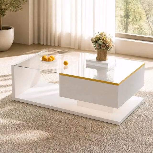 Tavolino da caffè LED 90x50 cm bianco con vetro