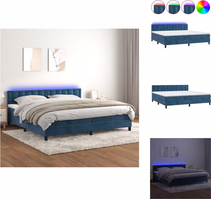 vidaXL Letto a molle con materasso e LED in velluto blu scuro 200x200 cm - Letti & strutture letto