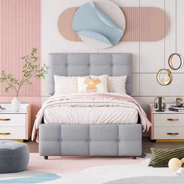 Letto singolo imbottito 200×90 cm con letto estraibile 190×90 cm, testiera regolabile, senza materasso, grigio