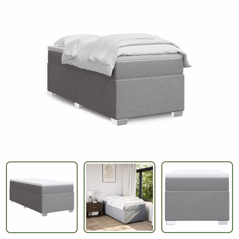 The Living Store Letto a molle con materasso grigio chiaro 90x190 cm in tessuto