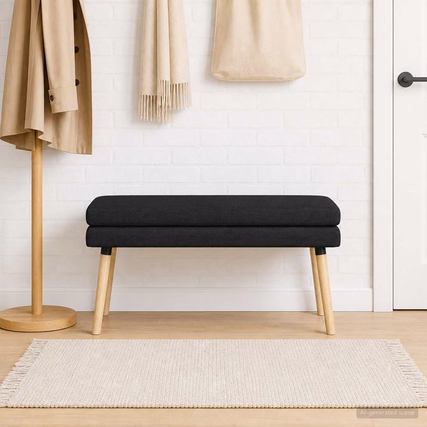 Panchina moderna vidaXL in legno di gomma e tessuto nero L: 110 cm, P: 40 cm, H: 47 cm