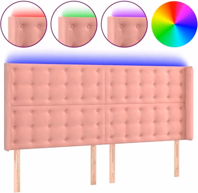 Testata del letto con illuminazione LED e porta di ricarica USB in velluto rosa, L: 203 cm, P: 16 cm, H: 118/128 cm