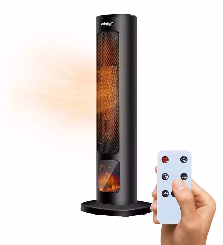 Riscaldatore elettrico a torre Wintem, 800/2000 W, con display, effetto camino e telecomando