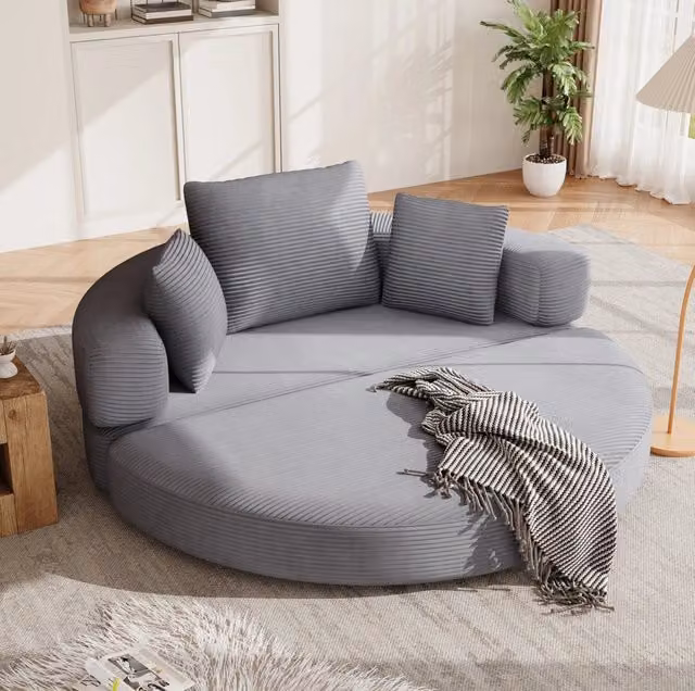 Divano letto pieghevole 2 in 1 ovale in velluto a coste grigio; 173 x 176 cm