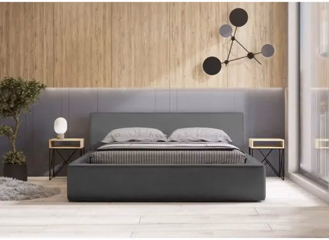 Letto contenitore VELORA Meublorama colore Ardesia, rivestimento in tessuto bouclé e velluto, con rete sollevabile, L/P/H: 180 x 200 x 86 cm – 1