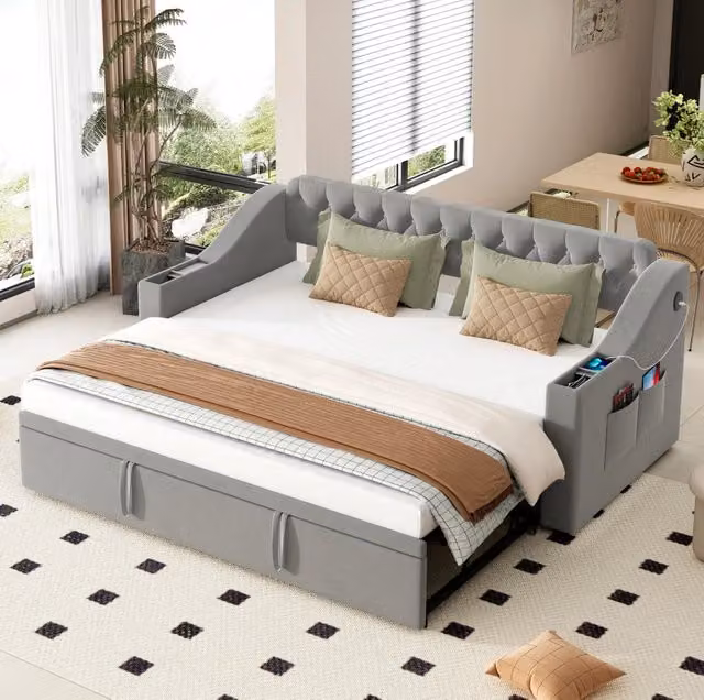 Divano letto imbottito ULEVR 90x190 cm, trasformabile in letto 180x190 cm, grigio con vani contenitore e USB