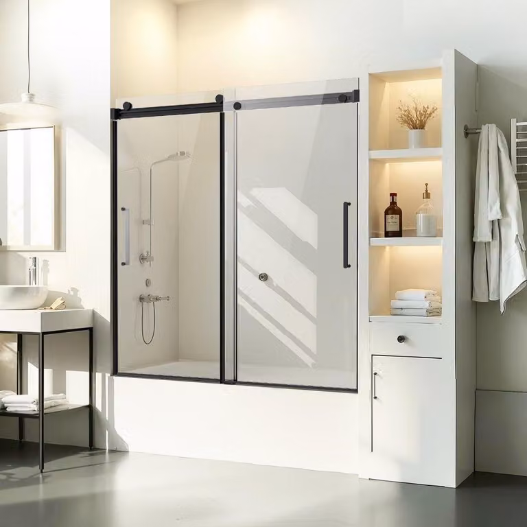 Porta scorrevole per bagno, senza telaio - dimensioni 1422-1524 x 1524 mm - vetro da 8 mm - alluminio e acciaio inossidabile