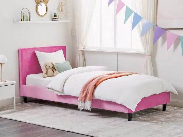 Letto singolo Beliani in velluto rosa con rete a doghe in legno, stile moderno per camera da letto o bambini, L/P/H: 90 x 200 cm