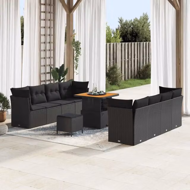 Set Divano da Giardino vidaXL 11 Pezzi Nero con Cuscini e Tavolino da Esterno per 8 Persone – 1