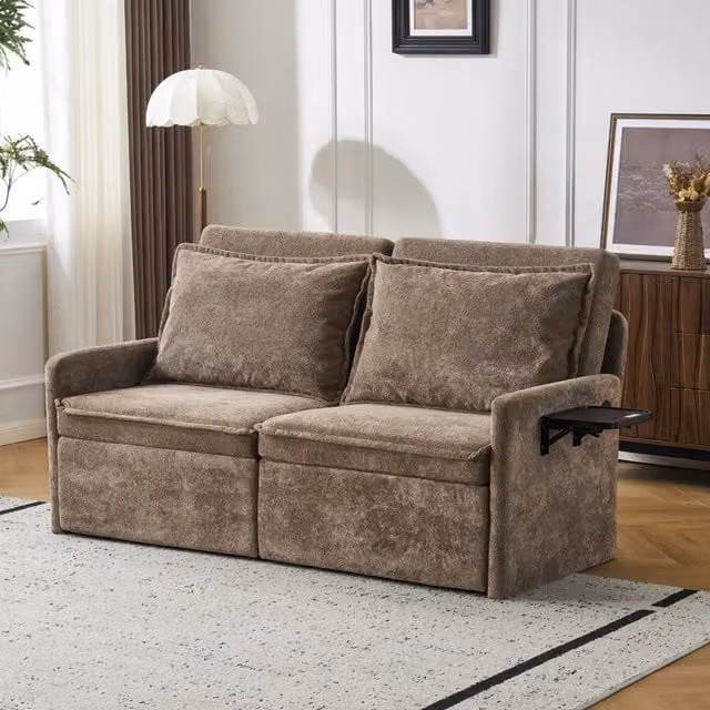 Divano letto con cuscini e USB, 3 in 1, schienale regolabile, contenitore, chenille, marrone ¨C Minimal