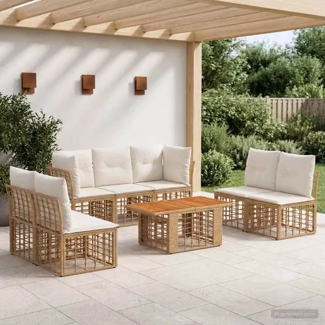 Set Divano da Giardino 8 pz Naturale e Bianco Crema polyrattan 3437848