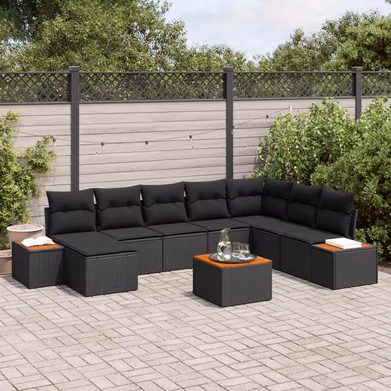 vidaXL Set Divano da Giardino 9 Pezzi Nero con Cuscini e Tavolino in Polyrattan e Acciaio