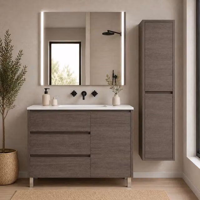 Mobile bagno con 3 cassetti, anta e lavabo ORIGENBATH VOLUM senza specchio 90x40 cm rovere smoky con colonna