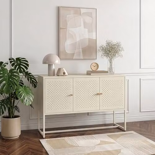 [en.casa] Credenza Bassa a 3 Ante Traforate Mobile Contenitore Multiuso con Ripiani Comò Stretto Consolle per Ingresso Soggiorno Corridoio Ufficio 120 x 40 x 80 cm - Bianco Crema