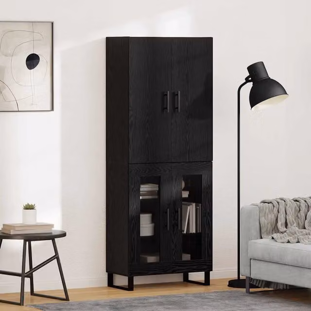 Credenza 2 pz-Set di 2 Buffet-Armadio da cucina Rovere Nero Legno Stratificato e Vetro 505089