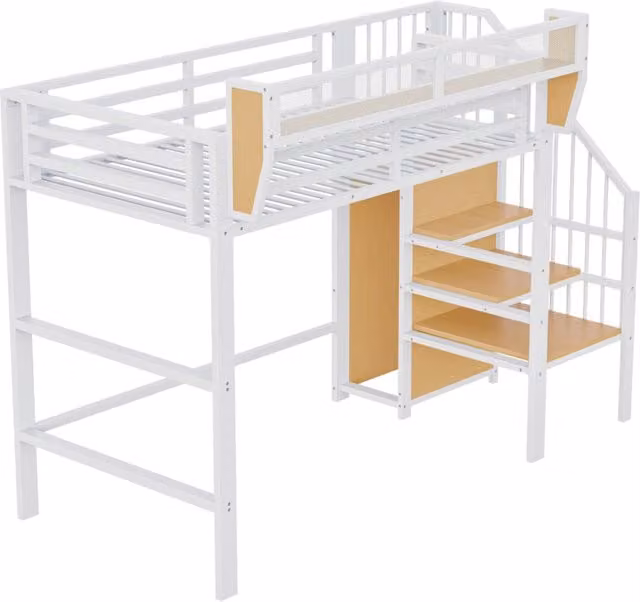 Letto a soppalco in metallo 90x200 con scala di sicurezza e ripiano flessibile, colore bianco nero