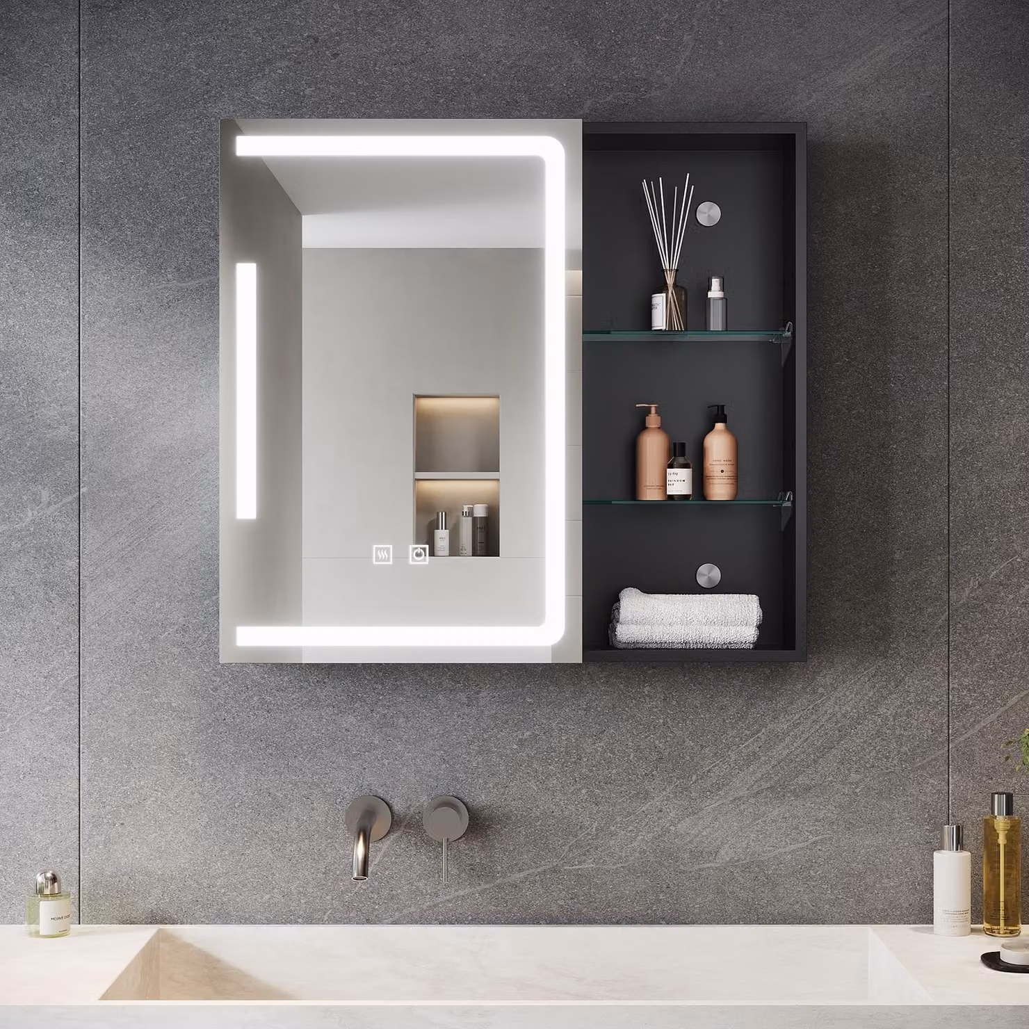 SONNI Armadio a specchio a un'anta 65x60x13cm con doppio interruttore a sfioramento Luce e buio regolabili Tre temperature di colore con funzione antiappannamento