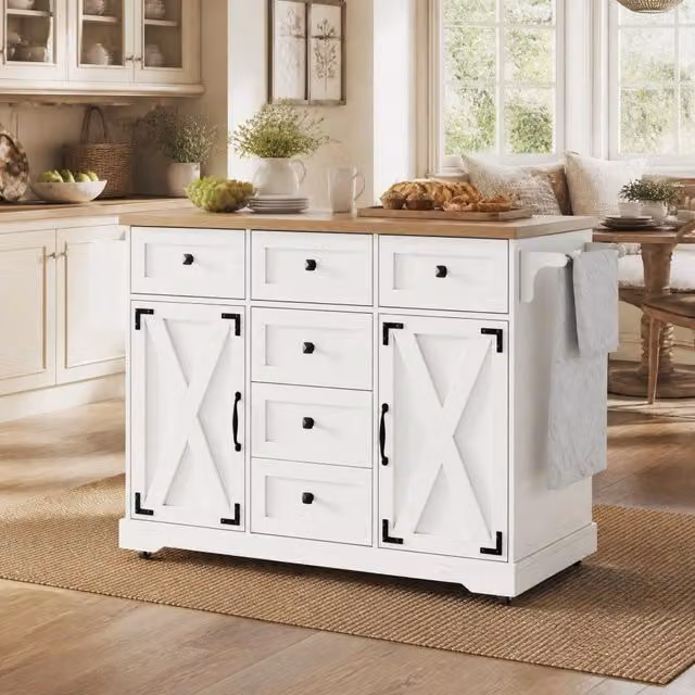 Isola da cucina pieghevole in MDF e metallo bianca