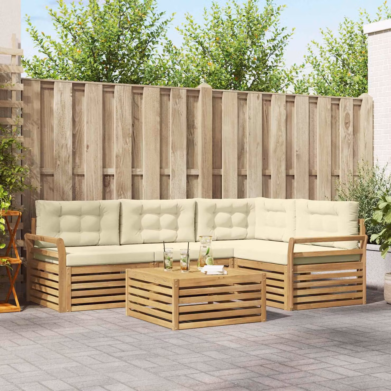 Set di divani da esterno vidaXL 5 pezzi in legno di acacia con tavolo da caffè, colore bianco, beige e marrone