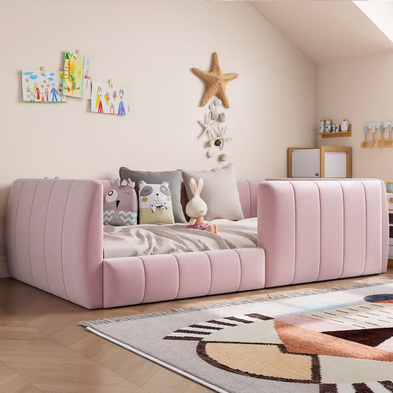 Letto a piattaforma 90x200, imbottito, con ringhiera di sicurezza, sicuro e confortevole (rosa)