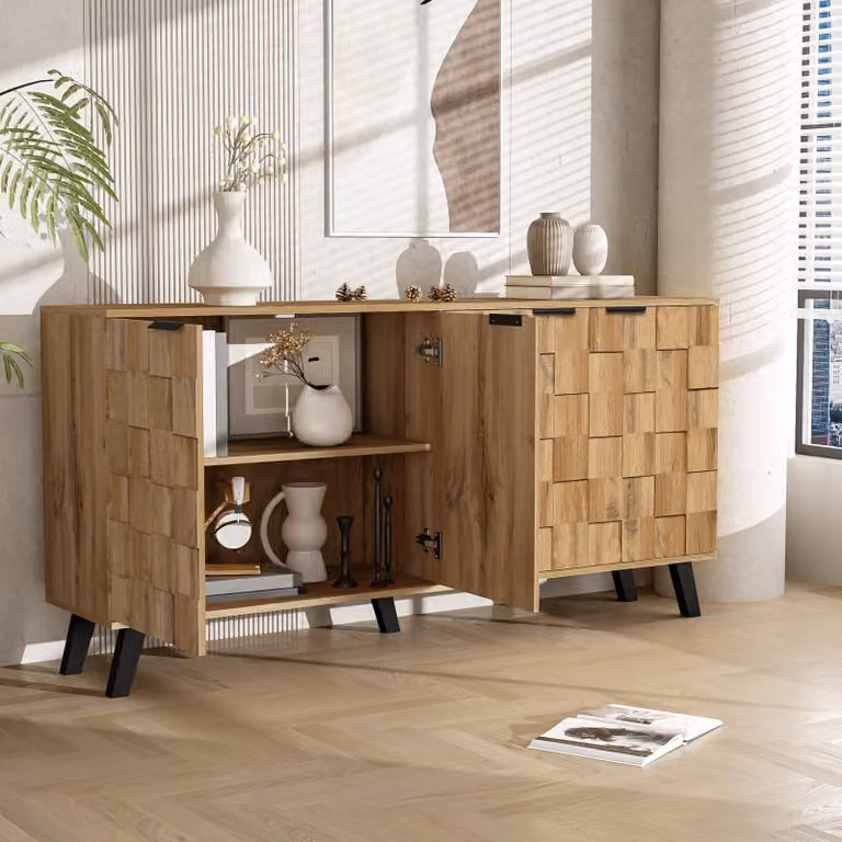 Merax Credenza moderna a 4 ante in look legno, cassettiera con ampio spazio di archiviazione, mobile contenitore per soggiorno e sala da pranzo, natura