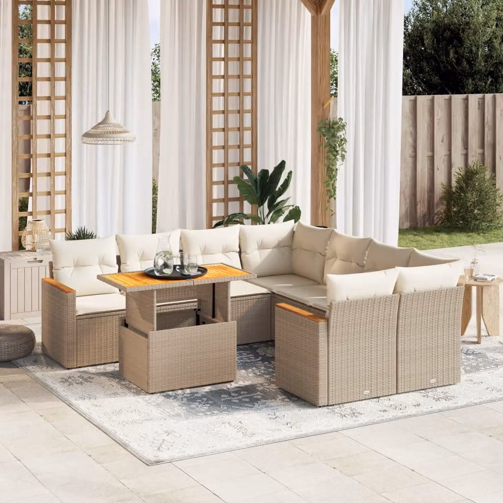 vidaXL Set Divano da Giardino a L 9 pz con Cuscini Beige e Tavolino, Design Moderno in Polyrattan e Legno di Acacia – 1