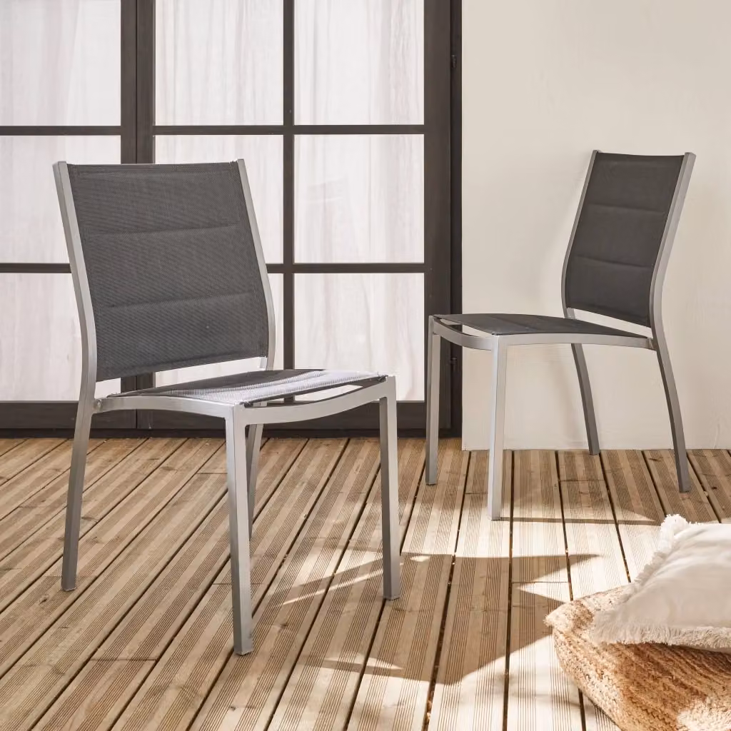 Set di 2 sedie da giardino moderne Sweeek in alluminio verniciato a polvere e textilene grigio impilabili – 2