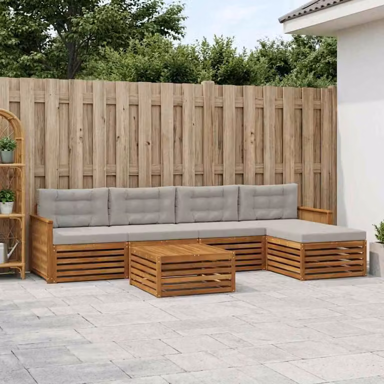 Set di divani da esterno vidaXL a forma di L in legno di acacia con tavolino e pouf, beige e grigio