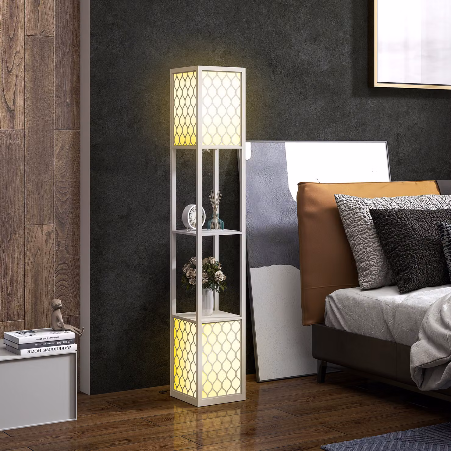 Lampada da terra moderna HOMCOM con 2 ripiani e interruttore a catena, Nero e Bianco, L/P/H: 26 x 26 x 156 cm – 2