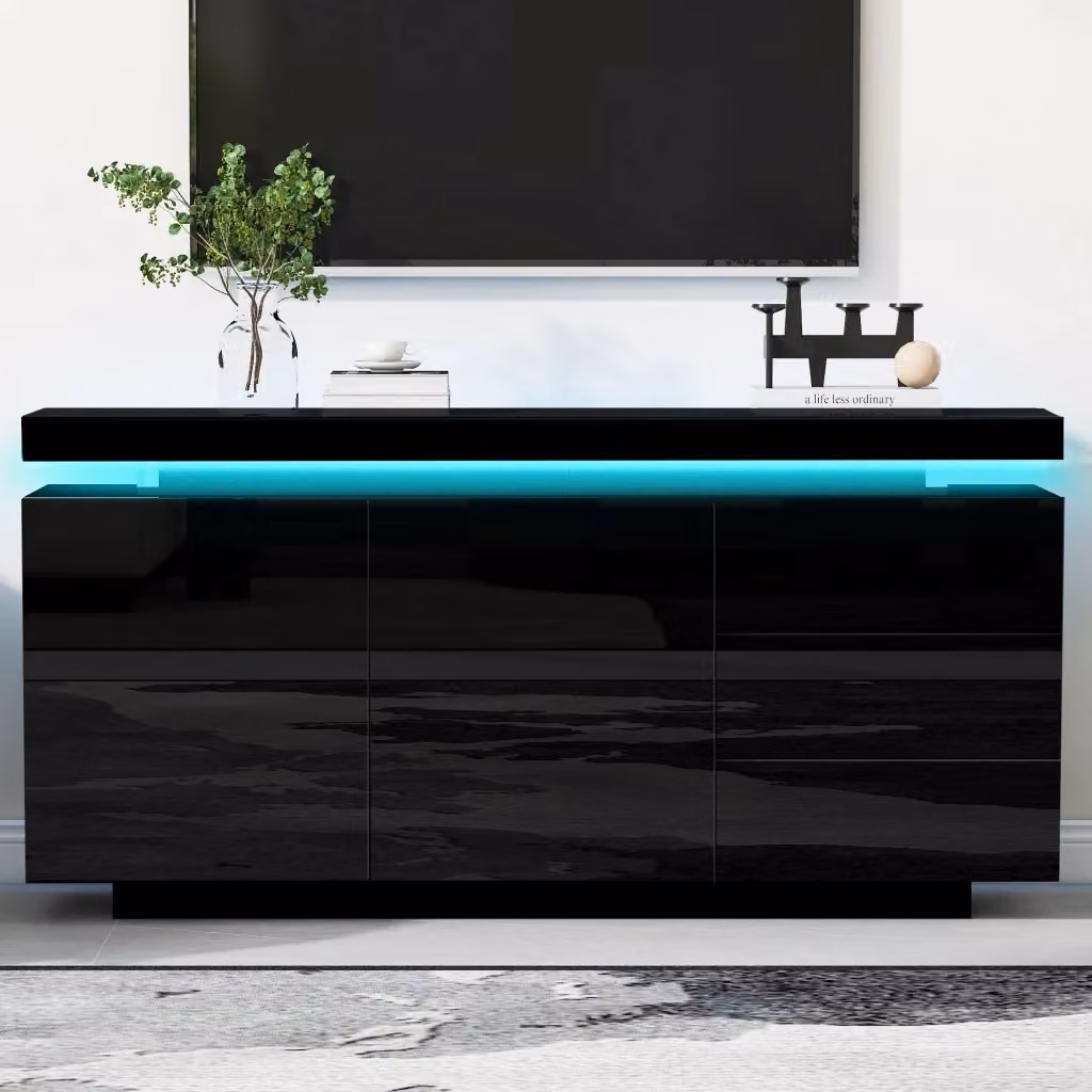 Credenza e madia moderna con LED RGB, 2 ante e 3 cassetti senza maniglie, finitura lucida nera, L: 140 cm, H: 72,5 cm, P: 35 cm – 2