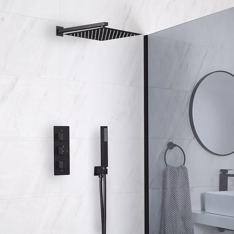 Sistema Doccia Termostatico Nero con Soffione Quadrato da 300mm e Doccetta (2 Vie) - Preto