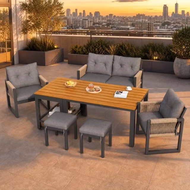 Set da giardino moderno con tavolo removibile; 2 posti; 2 poltrone e 2 pouf; grigio e naturale