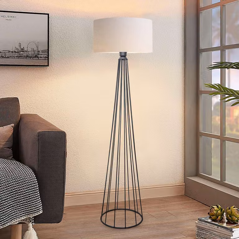 Opviq, lampada da terra industriale interamente in metallo, color crema, altezza 155 cm, attacco E27 (max. 40 W), paralume in tessuto (21 x 38 cm) | Design elegante per interni moderni.