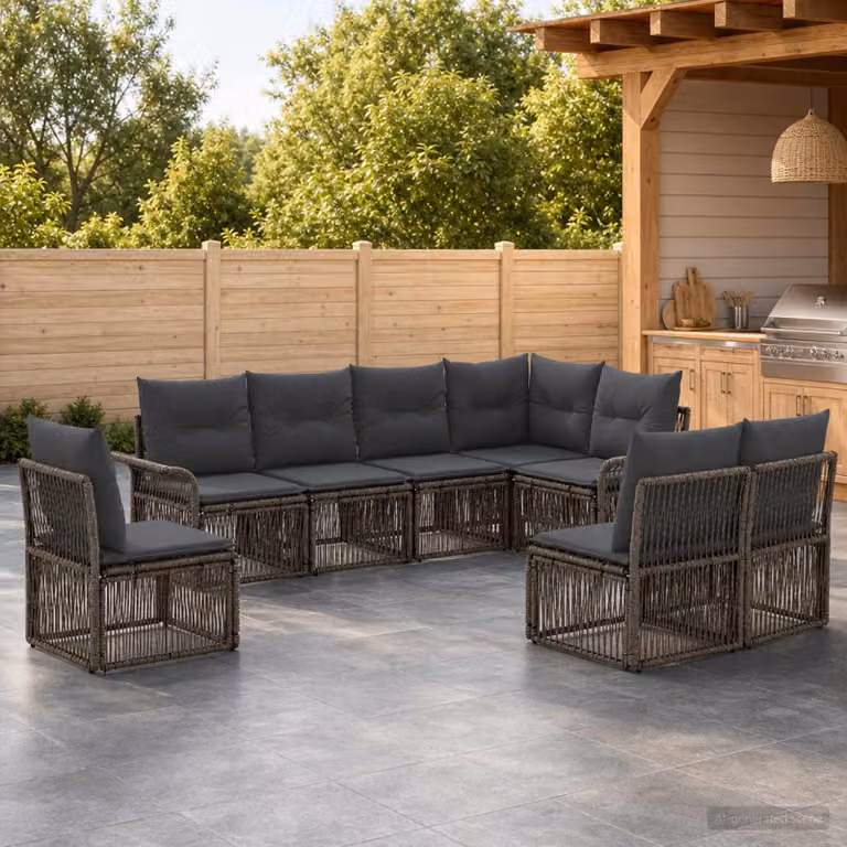 Set Divano da Giardino vidaXL 8 pz a forma di U in Polyrattan Grigio con Cuscini e Struttura in Acciaio Verniciato a Polvere