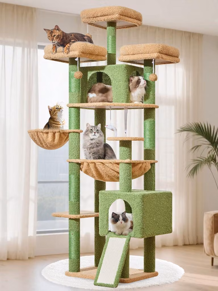 Albero per gatti Kratzbaum XXL, altezza 193 cm, con 7 pali per graffiare, 3 piattaforme, 2 tane, dotato di amaca, ideale per gatti di grossa taglia