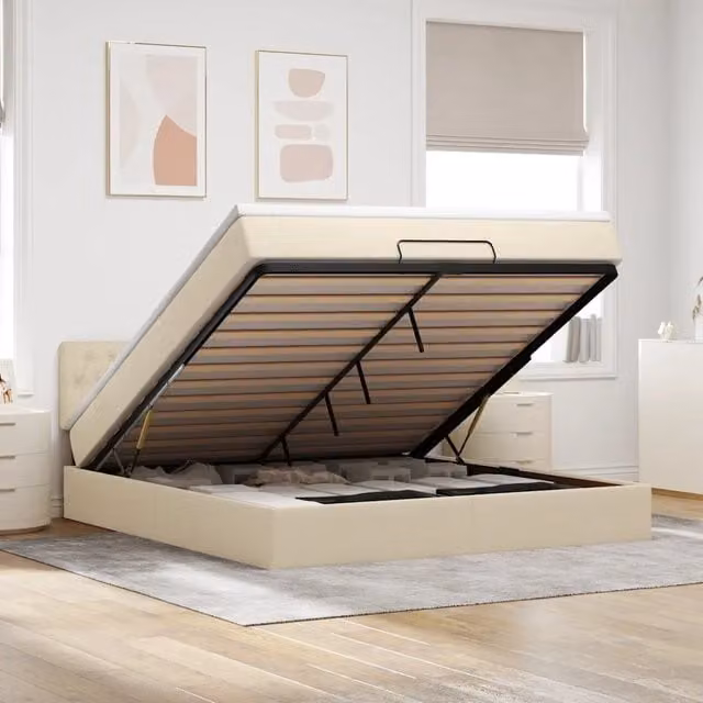 Letto con contenitore a sollevamento vidaXL in tessuto beige e bianco con illuminazione sottostante e porta USB L: 180 cm, P: 200 cm, H: 203 cm