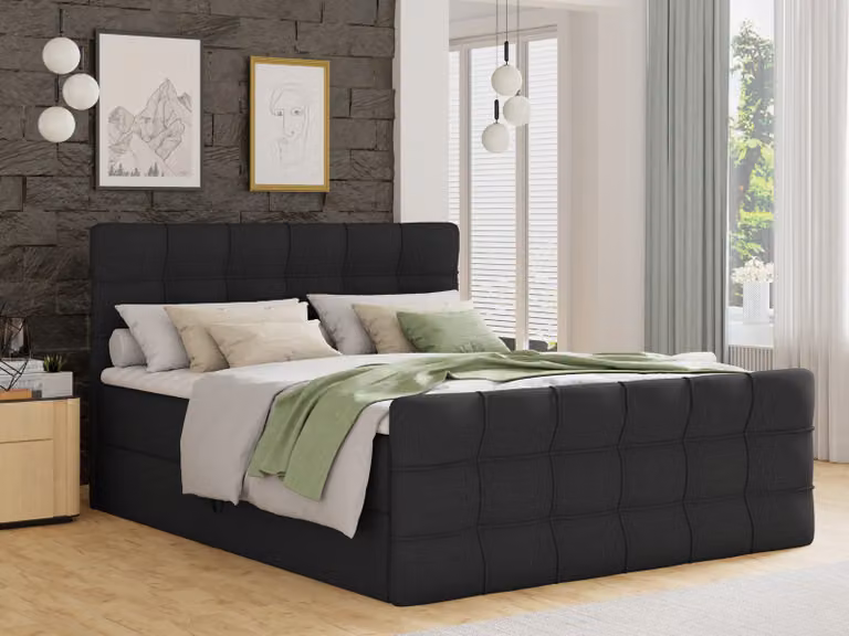 Letto boxspring Best Lux con pediera, 2 contenitori, materasso Bonell e topper (nero (Inari 100), 180 x 200 cm)