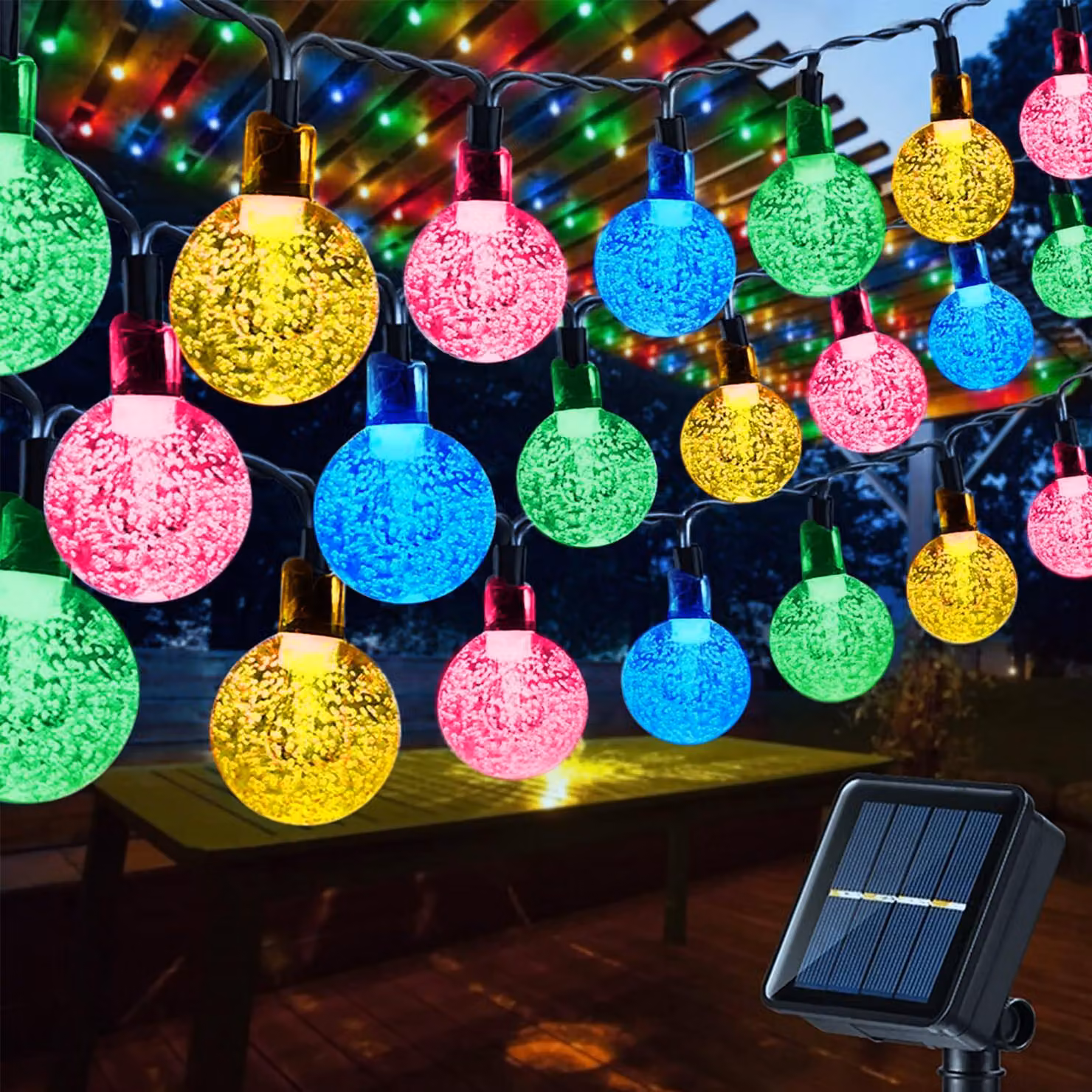 Catena luminosa solare, 17 metri, 100 LED, grado di protezione IP65, multicolore, con sfere di cristallo