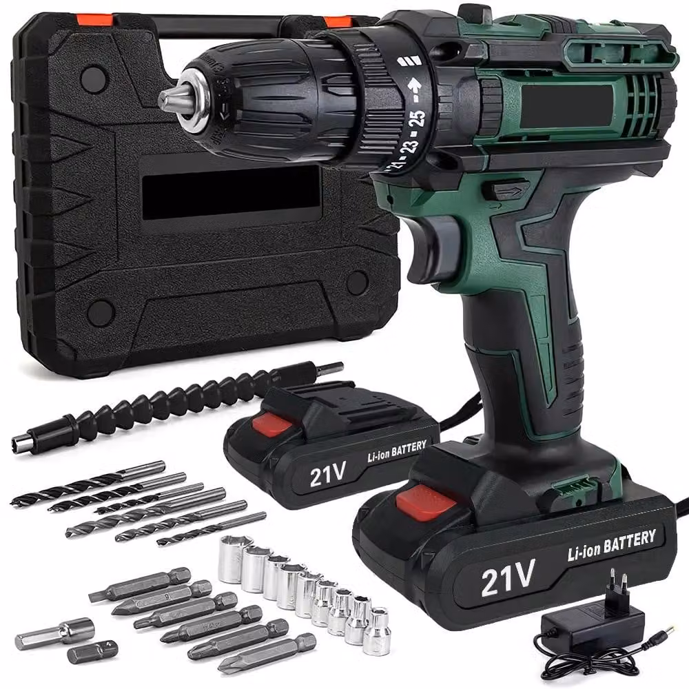 Trapano avvitatore a batteria - 21 V - Mandrino autoserrante da 0,95 cm - 45 Nm - 25+3 livelli di coppia - 2 velocità - 2 batterie