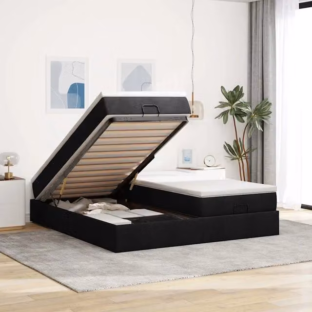 Letto con contenitore a sollevamento vidaXL in tessuto nero e bianco L 180 cm x P 200 cm x H 280 cm