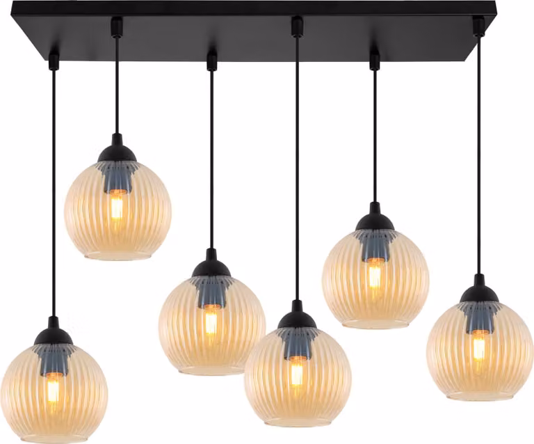 Lampada a sospensione RIFFLE nera a 6 luci, sfera in vetro color ambra, attacco E27