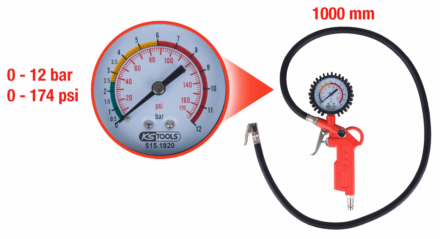 KS Tools Misuratore di gonfiaggio pneumatici ad aria compressa, 0-12 bar