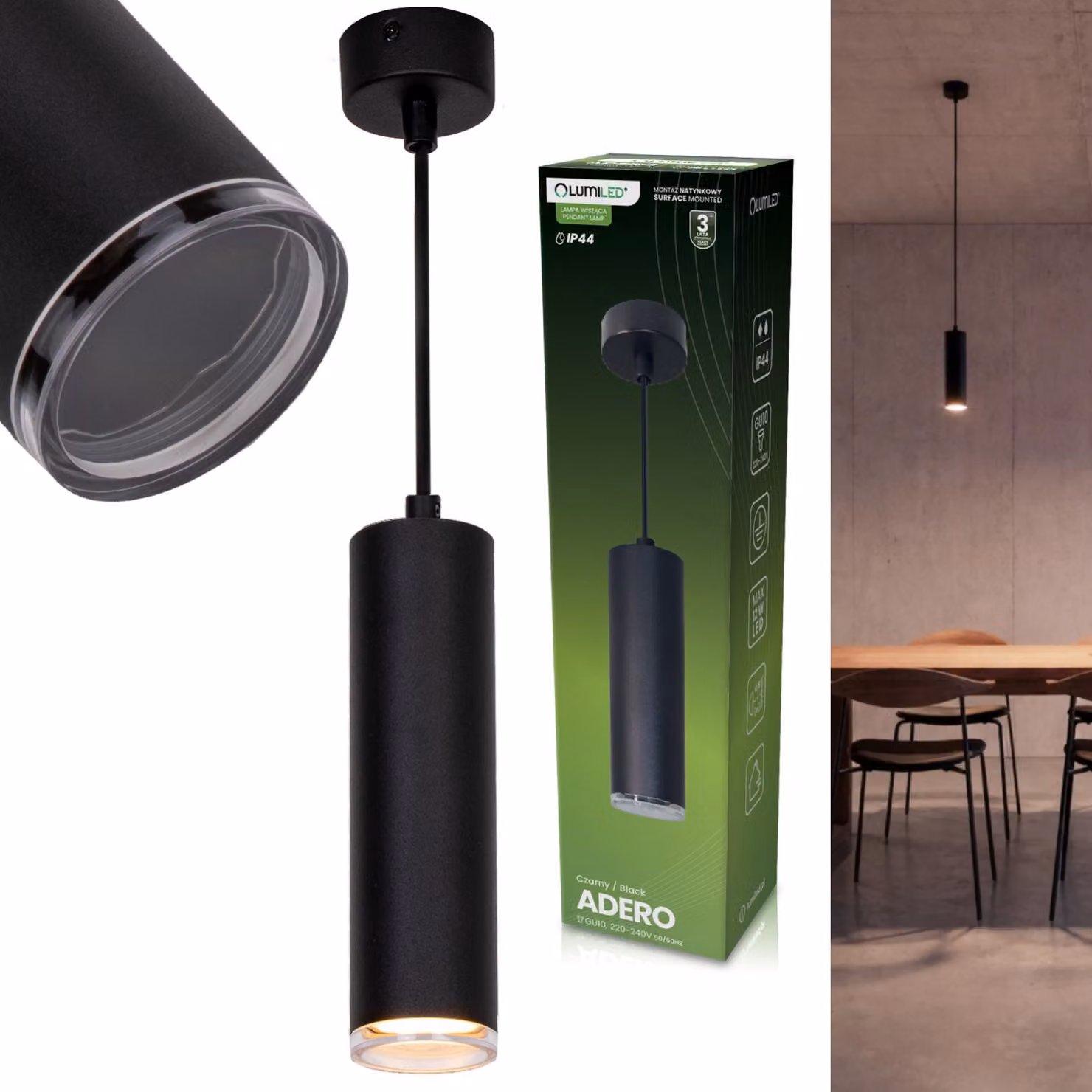 LUMILED Lampada a sospensione, 1 luce, altezza regolabile, lampada a sospensione fino a 146 cm, attacco GU10, max. 12W LED, grado di protezione IP44, lampada a sospensione cilindrica nera, ideale per cucina, camera da letto, soggiorno e tavolo da pranzo