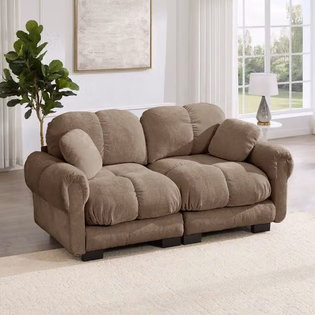 Divano a 2 posti Mivray moderno in tessuto marrone con schienale curvo e cuscini inclusi L: 190 cm, P: 90 cm, H: 86 cm