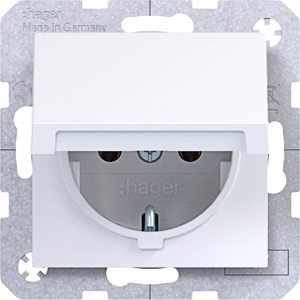 Presa Hager SCHUKO A.x/C.x WAS1110WG con coperchio ribaltabile, bianco lucido