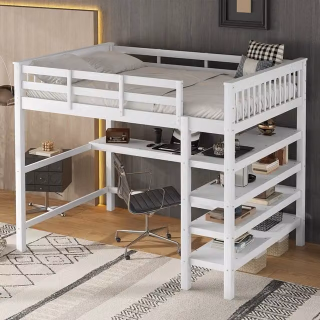 Letto a soppalco 140 × 200 cm con scrivania e ripiani, senza materasso, in pino e MDF, bianco